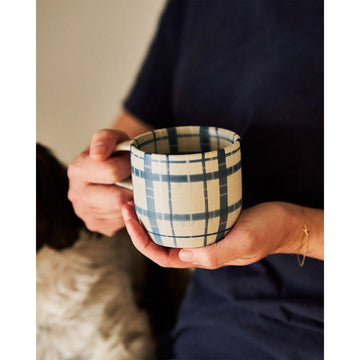 Mug with blue and white plaid pattern on a white background.