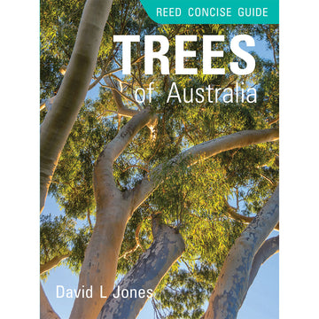 'Trees of Australia' book cover featuring a close up photo looking up at a tree.