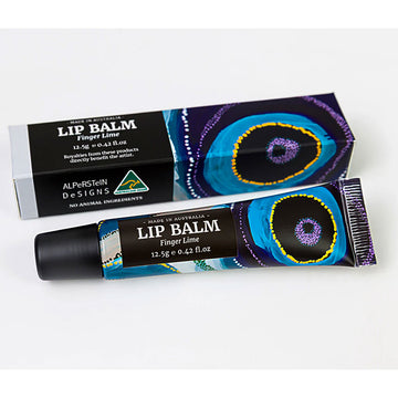 A tube of lip balm covered with artwork next to a matching box.