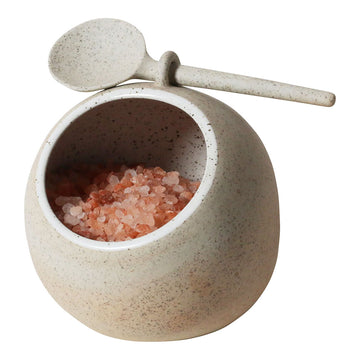 A ceramic bowl with a matching spoon full of salt.