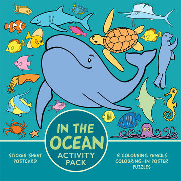 'In the Ocean Activity Pack' box cover featuring an illustration of sea animals inlcuding fish, a turtle, shark and seal.