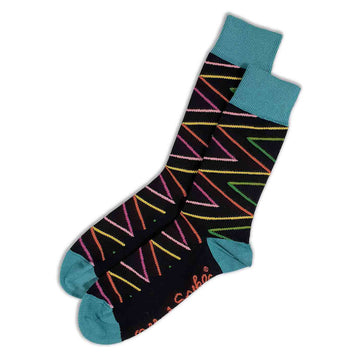 A pair of black socks printed with coloured triangle lines.