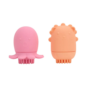 Two silicone bath toys pictured. One is a pink octopus and one is an orange lion.