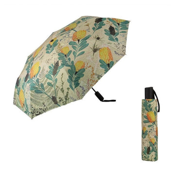 Floral-patterned umbrella and its folded version on a white background.