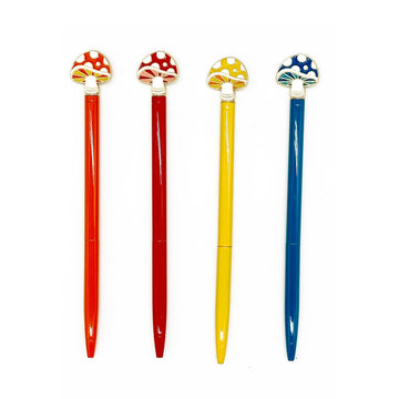 Four colorful pens with mushroom-shaped ends on a white background.
