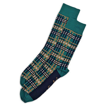 A pair of teal socks printed with a checkered pattern in brown and dark blue.