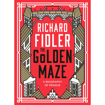 'The Golden Maze' book cover featuring an illustration of buildings in a border shape over a red background.