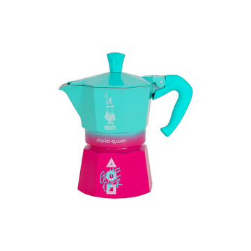Turquoise and pink coffee maker on a white background.