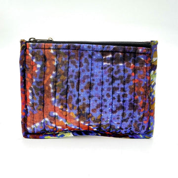 Front view of a fabric pouch printed with purple and red artwork.