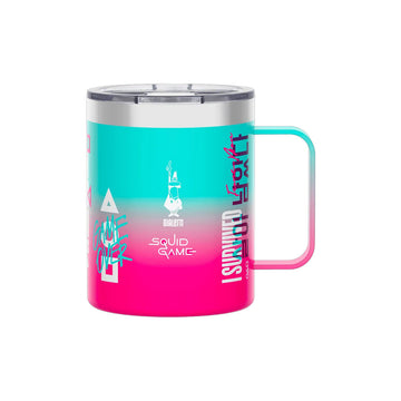 Gradient pink and blue mug with 'Squid Game' branding on a white background.