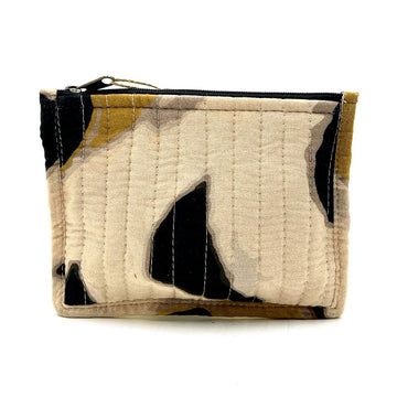 A fabric zippered pouch printed with cream, black and mustard coloured artwork.
