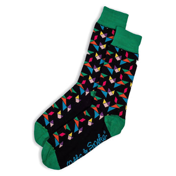 A pair of black socks printed with colourful shapes shaped like cats.