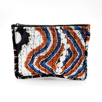 A zippered pouch printed with white, blue and orange artwork.