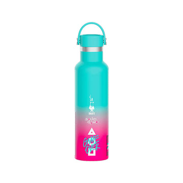 Gradient blue to pink water bottle with Squid Game branding on a white background.