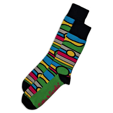 A pair of socks printed with colourful horizontal lines and circles.
