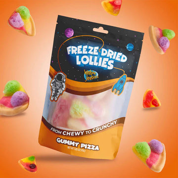 Packaging of freeze-dried lollies with gummy pizza design on an orange background.