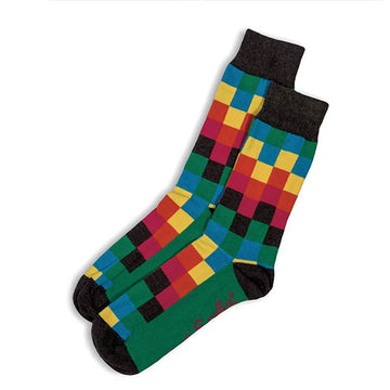 A pair of socks printed with colourful squares.