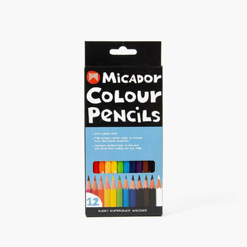 A packet of coloured pencils with the heading 'Micador Colour Pencils' and a small cut out window showing the pencils inside.