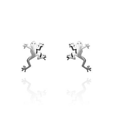 A pair of silver stud earrings shaped like frogs.