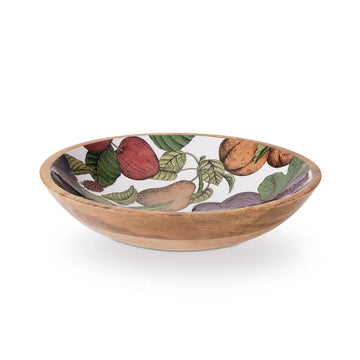 Side and top view of a wooden bowl printed with illustrated fruits on the inside.