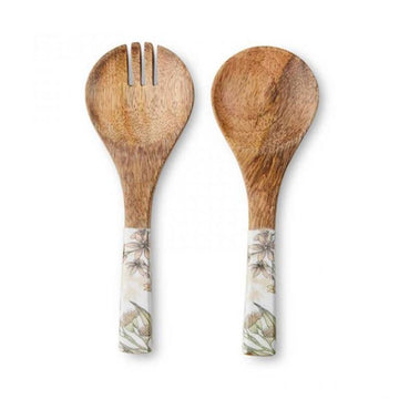 A pair of wooden salad servers with neutral floral printed handles.
