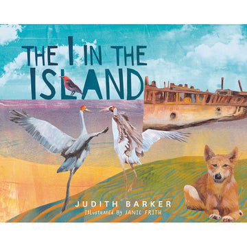 An image of some birds and a dingo with a boat in the bacground and a light blue sky with white clouds. The text is in dark blue.