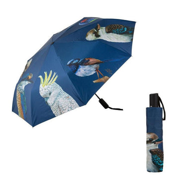 Blue umbrella with bird illustrations on a white background.