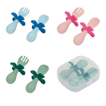 Three cutlery sets pictured in different colours made from silicone with flowers around the middle. Also pictured is a set inside a clear case.