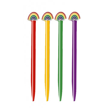 Four colorful sticks with rainbow designs on top against a white background.