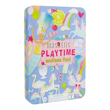 A tin box titled 'Magnetic Playtime Endless Fun' with an illustration of mermaids, unicorns, rainbows and sundaes.
