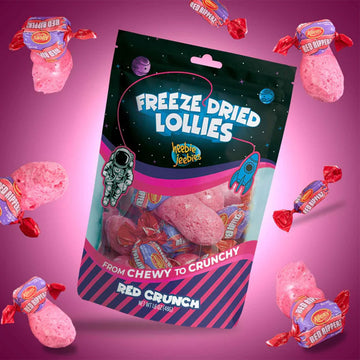 Packaging of freeze-dried lollies with pink lollies on a purple background