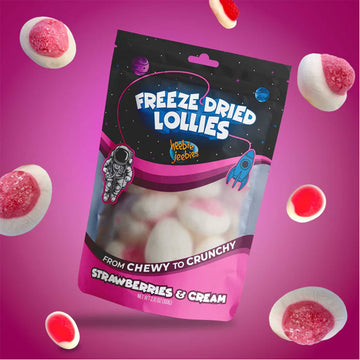 Packaging of freeze-dried lollies with pink and purple background.
