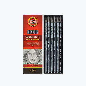 A pack of six graphite pencils pictured both inside and outside a box in a tray.