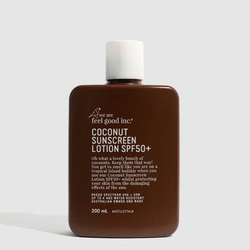 A brown bottle with a white lid and white text on the front titled 'Coconut Sunscreen Lotion SPF50+'.