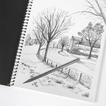 A pack of six graphite pencils pictured both inside and outside a box in a tray.