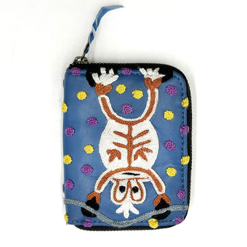 A zippered wallet in blue with an embroidered design on the front.
