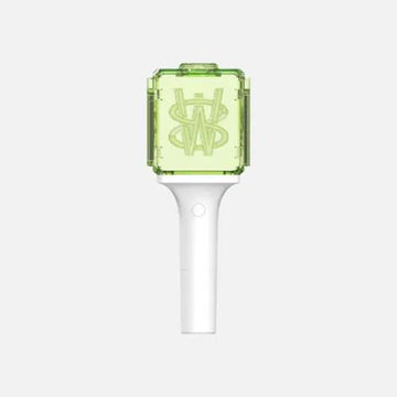 Green and white lightstick with a logo on a light gray background.