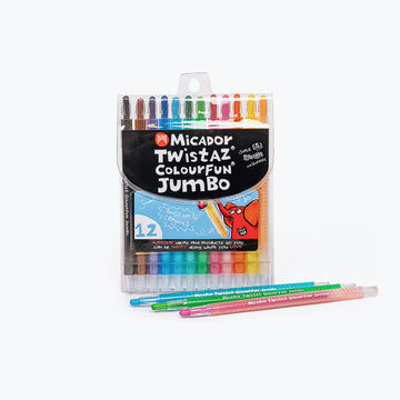 A pack of twistable crayons in a clear packet with three crayons laying in front of the pack.