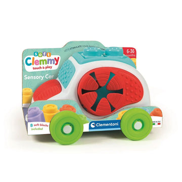 A baby toy shaped like a car with sensory elements in card packaging.