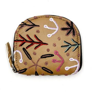 A small zippered coin purse in brown with embroidered details.