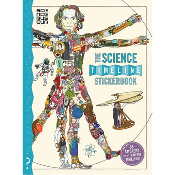 'The Science Timeline Stickerbook' book cover featuring an illustration of a human body with four arms and four legs and made up of illustrations of different people.