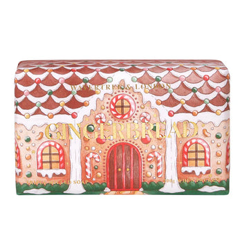 A bar of soap wrapped up with the heading 'Gingerbread' and an illustration of a gingerbread house.