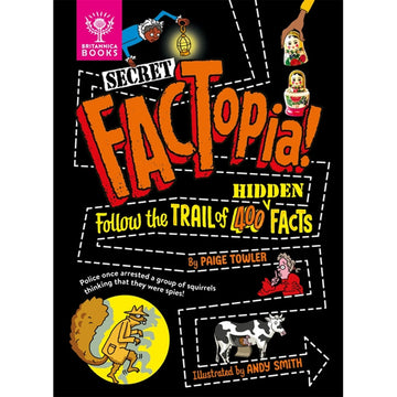 'Secret Factopia' book cover featuring an illustration of a person holding a lamp, a person making the 'shh' symbol with their hand and an illustration of a person hiding inside a cow.