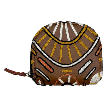 A zippered coin purse in brown with embroidered details.