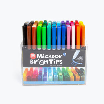 A pack of 100 different coloured markers in a clear box pack.