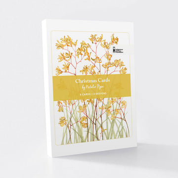 Pack of Christmas cards with yellow floral design on a white background.