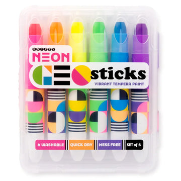 Set of six neon paint sticks in a clear plastic case on a white background