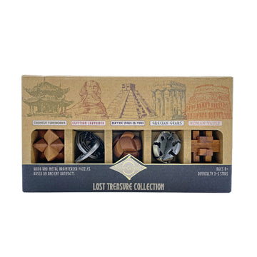 A set of five wooden and metal puzzles in a box.