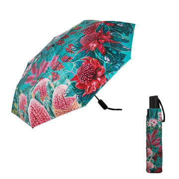 Floral patterned umbrella with a matching folded case on a white background.