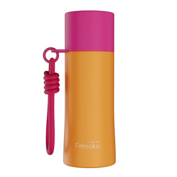 Orange water bottle with pink cap and handle on a white background.